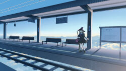 Rule 34 | 1girl, above clouds, ankle socks, bench, billboard, black capelet, black footwear, black hat, black skirt, blonde hair, blue sky, broom, capelet, cloud, collared shirt, commentary request, fantasy, floating, hat, highres, holding, holding broom, long hair, long sleeves, looking ahead, nahara saki, neck ribbon, original, outdoors, pink ribbon, railroad tracks, ribbon, shadow, shirt, shoes, skirt, sky, socks, solo, standing, train station, train station platform, waiting, white shirt, white socks, wide shot, witch, witch hat