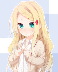 Rule 34 | 1girl, :o, ayakashi triangle, blonde hair, blue background, blush, bow, braid, braided bangs, brown jacket, collarbone, collared shirt, commentary request, dress shirt, green eyes, hair bow, haryuu (poetto), highres, jacket, long hair, long sleeves, looking away, looking down, open clothes, open jacket, parted lips, red bow, shirt, solo, swept bangs, tsukioka lucy, twitter username, two-tone background, undressing, very long hair, white background, white shirt