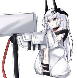 Rule 34 | 1girl, absurdres, arknights, bare shoulders, black gloves, collar, cropped torso, gloves, grey hair, hammer, highres, holding, holding hammer, holding weapon, horns, infection monitor (arknights), long hair, long sleeves, motion lines, mudrock (arknights), mudrock (elite ii) (arknights), navel, parted lips, pointy ears, red eyes, simple background, solo, sweatdrop, touko (toko12 tooko), trembling, triangle mouth, v-shaped eyebrows, very long hair, weapon, white background