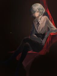 Rule 34 | 1boy, absurdres, arm rest, black eyes, black footwear, black pants, black ribbon, boots, brown background, dungeon meshi, expressionless, foot out of frame, frilled shirt collar, frills, from side, grey hair, highres, knee boots, long sleeves, looking at viewer, male focus, mithrun, neck ribbon, notched ear, pants, pointy ears, ribbon, shirt, shirt tucked in, short hair, sitting, solo, sona (lnjixn), uneven eyes, white shirt