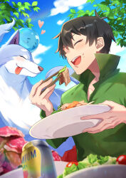 Rule 34 | 1boy, absurdres, black hair, blue sky, blurry, can, cherry tomato, chopsticks, closed eyes, cloud, collarbone, creature on head, depth of field, eating, feru (tonsuki), food, food on face, green shirt, heart, highres, hizaki sui, holding, holding chopsticks, holding plate, long sleeves, meat, monster, mukouda tsuyoshi, no mouth, open mouth, outdoors, plate, rice, rice on face, salad, shirt, short hair, sky, slime (creature), smile, sui (tonsuki), teeth, tomato, tondemo skill de isekai hourou meshi, tongue, tongue out, tree, wolf