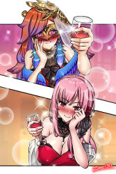 Rule 34 | 2girls, alcohol, bare shoulders, blush, breasts, cleavage, cup, dress, drink, drinking, drinking glass, earrings, feather earrings, feathers, glass, gradient hair, highres, holding, hololive, hololive english, jewelry, long hair, looking at another, mask, masked, mori calliope, mori calliope (party dress), multicolored hair, multiple girls, orange hair, pink hair, red dress, side ponytail, sleeveless, sleeveless dress, smile, strapless, strapless dress, takanashi kiara, takanashi kiara (party dress), toasting (gesture), virtual youtuber, wine, wine glass, yuri, zero130