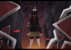 Rule 34 | 1girl, artist request, bare legs, bird, black hair, coat, gas mask, headphone actor (vocaloid), highres, hood, hoodie, jacket, mask, red eyes, short hair, shorts, twintails, vocaloid