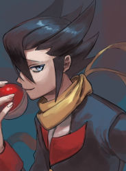 Rule 34 | 1boy, black hair, black jacket, blue eyes, commentary request, creatures (company), floating scarf, game freak, grimsley (pokemon), hand up, highres, holding, holding poke ball, jacket, keytaro1125, male focus, nintendo, poke ball, poke ball (basic), pokemon, pokemon bw, scarf, shirt, short hair, smile, solo, spiked hair, upper body, white shirt, yellow scarf