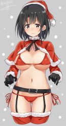 Rule 34 | 10s, 1girl, alternate costume, belt, bikini, black gloves, black hair, blush, bobblehat, breasts, brown eyes, capelet, christmas, cleavage, cropped legs, frown, fur trim, garter straps, gloves, hat, isshiki (ffmania7), kantai collection, long sleeves, micro bikini, navel, red bikini, santa costume, santa hat, side-tie bikini bottom, solo, stomach, swimsuit, takao (kancolle), thigh gap, thighhighs, underboob, wavy mouth