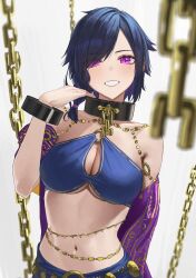 Rule 34 | 1girl, absurdres, arabian clothes, bdsm, belly chain, blue bra, blue skirt, blurry, blurry foreground, bondage, bound, bra, braid, breasts, chain, cleavage, collar, cross-shaped pupils, cuffs, gold chain, grin, hair over one eye, hand up, hara kenshi, harem outfit, highres, indie virtual youtuber, jewelry, large breasts, leash, looking at viewer, marl unelma, medium hair, metal collar, mole, mole under eye, navel, o-ring, o-ring top, purple eyes, purple hair, skirt, slave, smile, solo, stomach, symbol-shaped pupils, teeth, underboob, underwear, virtual youtuber