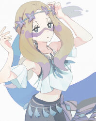 1girl bare_shoulders blonde_hair bright_pupils commentary_request creatures_(company) eyelashes game_freak grey_eyes half-closed_eyes hands_up headband jewelry midriff mina_(pokemon) mina_(sygna_suit)_(pokemon) multicolored_hair mxkjxm_(nhss2337) necklace nintendo official_alternate_costume open_mouth paint_splatter paint_splatter_on_face pokemon pokemon_masters_ex purple_hair shirt skirt solo two-tone_hair white_pupils