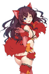 Rule 34 | 1girl, ;3, ;d, alternate color, animal ears, ass, blue eyes, blush, breasts, brown hair, butt crack, cosplay, dress, fang, fate/grand order, fate (series), from side, fur-trimmed gloves, fur-trimmed legwear, fur trim, gloves, halloween costume, happy, highres, ichinose shiki, idolmaster, idolmaster cinderella girls, kazuma muramasa, lace, lace-trimmed gloves, lace-trimmed legwear, lace trim, long hair, looking at viewer, looking back, mash kyrielight, mash kyrielight (dangerous beast), mash kyrielight (dangerous beast) (cosplay), o-ring, official alternate costume, one eye closed, open mouth, red gloves, red theme, red thighhighs, shielder (fate/grand order) (cosplay), sideboob, simple background, smile, solo, tail, thighhighs, white background, wink, wolf ears, wolf tail