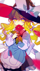Rule 34 | 1girl, absurdres, apron, back bow, black dress, black hat, blonde hair, blush, bow, braid, commentary request, cowboy shot, dress, flower, hair bow, hands up, hat, hat bow, highres, hinasumire, holding, holding flower, kirisame marisa, long hair, long sleeves, looking at viewer, petals, shirt, single braid, smile, solo, touhou, waist apron, white background, white bow, white shirt, witch hat, yellow eyes
