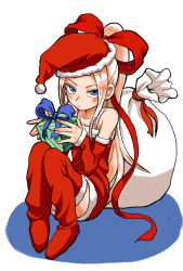 Rule 34 | 1girl, bare shoulders, blonde hair, blue eyes, boots, christmas, collarbone, detached sleeves, frown, fudatsuki kyouko, fudatsuki no kyouko-chan, full body, fur trim, gift, hair ribbon, hat, high ponytail, holding, holding gift, long hair, looking at viewer, pom pom (clothes), ponytail, red footwear, red ribbon, ribbon, sack, sanpaku, santa costume, santa hat, simple background, sitting, sleeves past wrists, solo, thigh boots, thighhighs, very long hair, white background, yamamoto souichirou