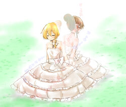 Rule 34 | 2girls, alternate costume, alternate hairstyle, blonde hair, bow, braid, brown hair, choker, closed eyes, commentary request, dress, dress bow, female focus, frilled dress, frilled hair tubes, frills, gloves, grass, hair bow, hair bun, hair tubes, hakurei reimu, jewelry, kaya rio, kirisame marisa, light blush, light smile, multiple girls, necklace, off-shoulder dress, off shoulder, single braid, single hair bun, star (symbol), touhou, wedding dress, white bow, white gloves, wife and wife, yuri