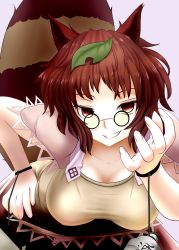 Rule 34 | 1girl, animal ears, breasts, brown eyes, brown hair, cleavage, female focus, futatsuiwa mamizou, glasses, grin, hand on own hip, hip focus, ishikkoro, large breasts, leaf, leaf on head, leaning forward, object on head, pince-nez, raccoon ears, raccoon tail, shirt, short hair, smile, solo, tail, taut clothes, taut shirt, touhou