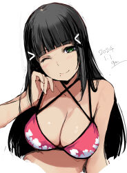 Rule 34 | 1girl, bikini, birthday, black hair, blush, breasts, cleavage, commentary, dated, gengoroh, green eyes, hair ornament, highres, hime cut, kurosawa dia, large breasts, long hair, looking at viewer, love live!, love live! sunshine!!, mole, mole under mouth, one eye closed, smile, solo, swimsuit, upper body, white background