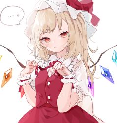 Rule 34 | ..., 1girl, absurdres, blonde hair, bow, breasts, buttons, closed mouth, commentary request, cowboy shot, crystal, expressionless, fingernails, flandre scarlet, frilled cuffs, hat, hat bow, highres, holding, holding ribbon, looking at viewer, medium hair, mob cap, mokyuko, one side up, puffy short sleeves, puffy sleeves, red bow, red eyes, red neckwear, red ribbon, red skirt, red vest, ribbon, shirt, short sleeves, simple background, skirt, skirt set, small breasts, solo, speech bubble, spoken ellipsis, touhou, vest, white background, white hat, white shirt, wings