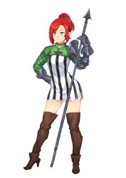 Rule 34 | 1girl, absurdres, body freckles, boots, brown choker, brown footwear, brown thighhighs, choker, contrapposto, dress, elf, freckles, full body, gauntlets, green eyes, hand on own hip, high heel boots, high heels, high ponytail, highres, long sleeves, medium hair, original, pointy ears, polearm, ponytail, red hair, short dress, shrug (clothing), simple background, smile, solo, spear, standing, striped clothes, striped dress, sunna (nilsunna), swept bangs, thighhighs, vertical-striped clothes, vertical-striped dress, weapon, white background, zettai ryouiki