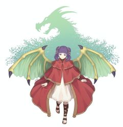 Rule 34 | 1girl, closed mouth, commission, dragon wings, dress, fire emblem, fire emblem: the sacred stones, full body, iktk, long hair, multi-tied hair, myrrh (fire emblem), nintendo, purple hair, sandals, smile, solo, twintails, wings, wristband