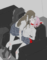 Rule 34 | 2girls, asphyxiation, bound, breasts, brown eyes, brown hair, couch, couple, d4dj, fingering, highres, inuyose shinobu, kiss, long hair, multiple girls, open mouth, panties, panties around leg, pink hair, pussy juice, saliva, school uniform, short hair, shroomia, small breasts, sweat, tagme, tears, tied up, tongue, tongue out, underwear, white panties, yamate kyouko, yellow eyes, yuri