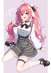 Rule 34 | 1girl, :d, absurdres, ahoge, animal ear piercing, animal ears, arm support, asymmetrical legwear, atsuishio, belt chain, black bow, black bowtie, black choker, black footwear, black ribbon, blush, border, bow, bowtie, breasts, buckle, chinese commentary, chinese text, choker, collared shirt, commentary request, crossed bangs, drop earrings, earrings, floppy ears, footwear bow, frilled skirt, frills, grey skirt, hair ornament, hair ribbon, hairclip, hand up, heart, heart-shaped buckle, heart in eye, high-waist skirt, highres, holding, holding hair, jewelry, long hair, long sleeves, looking at viewer, lop rabbit ears, mary janes, medium breasts, milestone celebration, o-ring, o-ring thigh strap, open mouth, outside border, pillarboxed, pink eyes, pink hair, plaid, plaid skirt, pom pom (clothes), pom pom hair ornament, providence project, puffy long sleeves, puffy sleeves, purple background, rabbit charm, rabbit ears, ribbon, shirako (vtuber), shirt, shoes, single sock, single thighhigh, sitting, skirt, smile, socks, solo, suspender skirt, suspenders, symbol in eye, thigh strap, thighhighs, translation request, twintails, uneven legwear, virtual youtuber, wariza, white border, white shirt, white socks, white thighhighs, wing collar, wrist belt