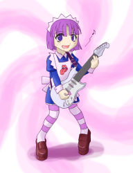 Rule 34 | 1girl, electric guitar, futaba channel, guitar, instrument, nijiura maids, pantyhose, solo, striped clothes, striped pantyhose, yakui