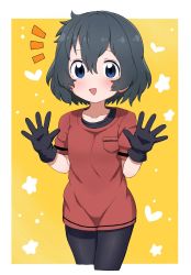 Rule 34 | 1girl, adapted costume, bad id, bad pixiv id, black gloves, black hair, black pantyhose, commentary, cowboy shot, cropped legs, gloves, heart, highres, kaban (kemono friends), kemono friends, looking at viewer, nekonyan (inaba31415), no pants, notice lines, open mouth, pantyhose, red shirt, shirt, short hair, short sleeves, smile, solo, standing, star (symbol), t-shirt, waving, wavy hair, yellow background