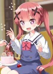 1girl 1other :d blue_dress blunt_bangs blurry blurry_background blush bow bowtie bright_pupils cake commentary_request dress eyes_visible_through_hair fang flying_sweatdrops food fork fruit hair_ornament hands_up happy_birthday highres holding holding_fork holding_plate indoors konomori_kanon long_hair long_sleeves open_mouth plate red_bow red_bowtie red_hair ruu_(tksymkw) school_uniform shirt sitting smile strawberry tanemura_koyori twintails watashi_ni_tenshi_ga_maiorita! white_shirt x_hair_ornament