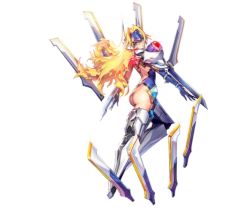 Rule 34 | 1girl, artist request, ass, backless outfit, blazblue, blazblue: central fiction, blonde hair, blue eyes, blue gloves, blue headwear, crossover, destiny child, duplicate, gloves, guest character, guest fighter, mecha musume, mu-12, official art, revealing clothes, weapon, white footwear