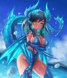 Rule 34 | 1girl, animal hands, blue hair, blue sky, bolt0002, breasts, dragon girl, dragon horns, dragon tail, dragon wings, fins, green eyes, grin, head fins, horns, medium hair, monster girl, original, outdoors, sky, smile, solo, tail, water, wet, wings