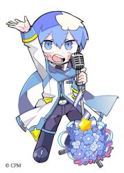 Rule 34 | 1boy, aoyagi touya, arm up, belt, belt buckle, black belt, black shirt, blue bow, blue flower, blue footwear, blue hair, blue pants, blue scarf, bow, buckle, coat, collared coat, commentary request, copyright notice, denim, flower, full body, high collar, holding, holding microphone stand, jeans, long sleeves, male focus, microphone stand, pants, project sekai, scarf, shirt, shoes, short hair, simple background, single stripe, solo, star (symbol), striped bow, terada tera, white background, white coat, white sleeves