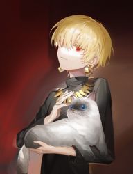 Rule 34 | 1boy, blonde hair, blue eyes, cat, child gilgamesh (fate), earrings, fate/grand order, fate/hollow ataraxia, fate/stay night, fate (series), gilgamesh (fate), gradient background, gradient fur, hair over one eye, highres, jewelry, k7 (kk7 000), long sleeves, looking at viewer, male focus, red eyes, short hair, upper body