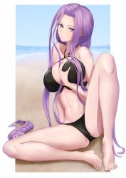 Rule 34 | 1girl, alternate costume, bare legs, bare shoulders, barefoot, bikini, black bikini, grabbing another&#039;s breast, breasts, fate/stay night, fate (series), feet, full body, grabbing, grabbing own breast, highres, kamo ashi, large breasts, long hair, looking at viewer, medusa (fate), medusa (rider) (fate), navel, purple eyes, purple hair, grabbing own breast, sitting, soles, solo, stomach, swimsuit, thighs, toes, very long hair