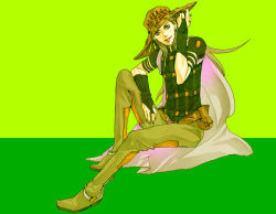 Rule 34 | 1boy, androgynous, bad id, bad pixiv id, beard, bridal gauntlets, cape, chaps, facial hair, green background, green hair, green theme, gyro zeppeli, hat, jojo no kimyou na bouken, long hair, male focus, ms-pudding, purple eyes, simple background, solo, steel ball run