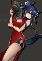 Rule 34 | 1girl, arknights, asagizuisen, bare arms, bare shoulders, bead bracelet, beads, black shorts, blue hair, bracelet, breasts, ch&#039;en (ageless afterglow) (arknights), ch&#039;en (arknights), character name, china dress, chinese clothes, cleavage, cleavage cutout, clothing cutout, commentary request, copyright name, cowboy shot, double bun, dragon horns, dragon tail, dress, drop shadow, folding fan, grey background, hair bun, hand fan, hand up, highres, holding, holding fan, horns, jewelry, long hair, looking at viewer, medium breasts, official alternate costume, partial commentary, red dress, red eyes, revision, short shorts, shorts, side slit, sidelocks, simple background, sleeveless, sleeveless dress, solo, standing, tail, thighs