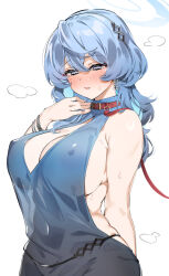 Rule 34 | 1girl, ako (blue archive), ako (dress) (blue archive), backless dress, backless outfit, bare shoulders, blue archive, blue dress, blue eyes, blue hair, blush, bracelet, breasts, cleavage, collar, covered erect nipples, dress, earrings, hair between eyes, hairband, halo, highres, jewelry, karan, large breasts, leash, looking at viewer, medium hair, official alternate costume, parted lips, sideboob, solo