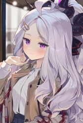 Rule 34 | 1girl, ahoge, alternate costume, blouse, blue archive, blush, brown jacket, buttoned shirt, casual, coat, cow lick, demon horns, grey hair, hair ornament, hairclip, hajin, hand up, highres, hina (blue archive), horns, jacket, long hair, looking at viewer, outdoors, parted bangs, plaid, plaid scarf, portrait, purple eyes, ribbon, scarf, shirt, smile, unbottoned, very long hair, white hair, white shirt