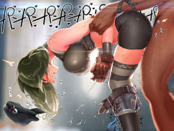 Rule 34 | 1boy, 1girl, blouse, breasts, brown shirt, clothed female nude male, clothed sex, clothes pull, dark-skinned male, dark skin, final fantasy, final fantasy vii, final fantasy vii remake, green hair, hat, highres, kilesha, kyrie canaan, long hair, nude, penis, pussy juice, rape, sex, shirt, short shorts, shorts, sleeveless, sleeveless shirt, standing, striped clothes, striped thighhighs, thighhighs, thighs, yellow eyes