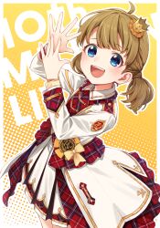 Rule 34 | 1girl, :d, ahoge, blue eyes, blush, brown hair, center-flap bangs, commentary request, crown, double-parted bangs, dress, fingernails, hands up, highres, idolmaster, idolmaster million live!, jacket, long sleeves, looking at viewer, low twintails, medeshima marota, mini crown, open mouth, pleated skirt, re prologue x (idolmaster), short hair, skirt, smile, solo, suou momoko, twintails, white dress, white jacket, white skirt