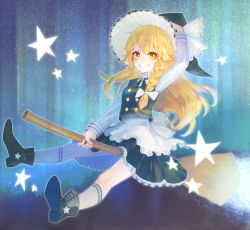 Rule 34 | 1girl, apron, aurora, black footwear, black skirt, black vest, blonde hair, boots, bow, braid, broom, broom riding, collared shirt, forest, frilled skirt, frills, grin, hair bow, hand on headwear, hat, highres, keemoringo, kirisame marisa, long hair, long sleeves, looking to the side, nature, ribbon, shirt, silhouette, single braid, skirt, sky, smile, socks, solo, sparkle, star (sky), star (symbol), starry sky, touhou, vest, white shirt, white socks, witch hat, yellow eyes