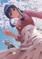 Rule 34 | 2girls, alternate costume, blue eyes, blue hair, blush, breasts, cherry blossoms, day, feather print, from below, gotland (kancolle), hair bun, highres, holding, holding petal, jewelry, kantai collection, long hair, long sleeves, medium breasts, mole, mole under eye, multiple girls, nail polish, necklace, outdoors, petals, pink hair, pink shirt, ponytail, shirt, single hair bun, skirt, sky, smile, tantaka, very long hair, yellow eyes, yellow nails, yura (kancolle)