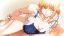 Rule 34 | 10s, 1boy, 1girl, animated, animated gif, breasts, censored, cleavage, competition swimsuit, hetero, kneepit sex, large breasts, legjob, master piece the animation, mature female, mira (master piece), one-piece swimsuit, penis, swimsuit