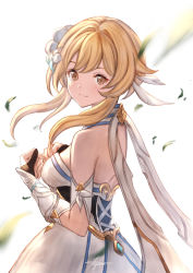 Rule 34 | 1girl, arm guards, bare shoulders, black gloves, blonde hair, blush, breasts, brown eyes, closed mouth, cowboy shot, dress, flower, from behind, genshin impact, gloves, hair flower, hair ornament, leaf, looking at viewer, looking back, lumine (genshin impact), medium breasts, mugen kageno, partially fingerless gloves, short hair with long locks, sidelocks, signature, simple background, smile, solo, white background, white dress, white flower