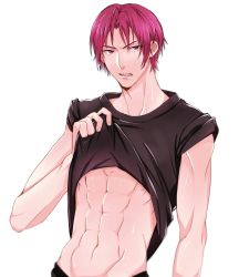 Rule 34 | 10s, 1boy, abs, bad id, bad pixiv id, clothes lift, fangs, free!, male focus, matsuoka rin, muscular, red eyes, red hair, riv51, shirt lift, solo