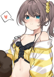 Rule 34 | 1girl, bare shoulders, blue eyes, blush, breasts, brown hair, camisole, closed mouth, collarbone, commentary, erubusubori, frilled camisole, frills, heart, highres, hololive, jacket, long sleeves, looking at viewer, medium hair, natsuiro matsuri, natsuiro matsuri (matsuri&#039;s day off), navel, official alternate costume, scrunchie, side ponytail, simple background, small breasts, smile, solo, speech bubble, spoken heart, strap slip, striped clothes, striped jacket, upper body, variant set, virtual youtuber, white background, white jacket, yellow camisole, yellow jacket, yellow scrunchie
