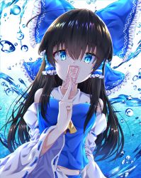 Rule 34 | 1girl, alternate color, ascot, bare shoulders, black hair, blue background, blue bow, blue eyes, blue shirt, blue skirt, bow, breasts, collar, collared shirt, covered mouth, detached sleeves, frills, hair between eyes, hair ornament, hair tubes, hakurei reimu, hand up, highres, long hair, long sleeves, looking at viewer, medium breasts, ofuda, player 2, rankasei, shirt, skirt, solo, touhou, water, white background, wide sleeves, yellow ascot