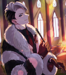 Rule 34 | 1boy, absurdres, artist name, black hair, black shirt, black vest, blurry, blurry background, buttons, closed mouth, coat, collar, collared shirt, commentary request, divus crewel, dress shirt, earrings, ebino karaage, eyeshadow, fur coat, gloves, grey eyes, highres, holding riding crop, indoors, jewelry, lens flare, long sleeves, makeup, male focus, multicolored hair, necktie, open clothes, open coat, pixiv id, profile, red collar, red gloves, red necktie, riding crop, shirt, short hair, smile, solo, split-color hair, stud earrings, twisted wonderland, two-tone hair, two-tone vest, unworn collar, upper body, vest, watermark, web address, white coat, white hair, white vest, wide sleeves, window, wing collar
