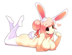 Rule 34 | 1girl, absurdres, animal ear fluff, animal ears, ass, bare shoulders, black eyes, breasts, finger in own mouth, fiz (fizintine), fizintine, hair bun, hair tie, heart, highres, large areolae, large breasts, looking at viewer, lying, medium hair, nipples, on stomach, original, pink hair, rabbit ears, rabbit girl, rabbit tail, single hair bun, solo, tail, the pose, thighhighs, thighs, white background, white tail, white thighhighs