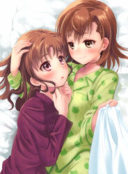 Rule 34 | 2girls, blush, breasts, brown eyes, brown hair, closed mouth, collarbone, hand on another&#039;s head, highres, long hair, looking at another, misaka mikoto, multiple girls, on bed, open mouth, pajamas, shirai kuroko, short hair, small breasts, smile, toaru majutsu no index, yonabe, yuri