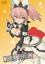 Rule 34 | 1girl, arc system works, blush, bouquet, breasts, brown eyes, clover, collar, cosplay, dress, elphelt valentine, elphelt valentine (cosplay), fingerless gloves, fingernails, flower, four-leaf clover, gloves, grin, guilty gear, guilty gear xrd, guilty gear xrd: revelator, idolmaster, idolmaster cinderella girls, jougasaki mika, large breasts, leaning, leaning forward, long fingernails, long hair, looking at viewer, pink hair, red flower, red rose, rokuro, rose, sharp fingernails, shiny skin, smile, solo, spiked collar, spikes, thighhighs, twintails, zaki (narashigeo)