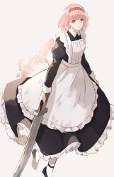 Rule 34 | 1girl, apron, dress, fire emblem, fire emblem engage, full body, hairband, highres, holding, holding sword, holding weapon, lapis (fire emblem), long dress, long sleeves, looking at viewer, maid, maid apron, nintendo, pink eyes, pink hair, short hair, simple background, solo, sword, weapon, white background, wspread