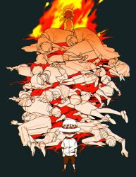 Rule 34 | black background, black shorts, blood, blood on ground, child, chizuko (chiduk0), closed mouth, corpse, death, fire, hat, lying, one piece, partially colored, pile of corpses, red theme, shade, shirt, shorts, standing, staring, symbolism, trafalgar lami, trafalgar law, white shirt