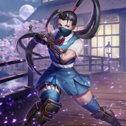 Rule 34 | 1girl, architecture, black hair, cherry blossoms, east asian architecture, ibuki (street fighter), kunai, long hair, mask, moon, mountain, night, night sky, official art, ponytail, school uniform, short sleeves, skirt, sky, street fighter, teppen, tree, weapon